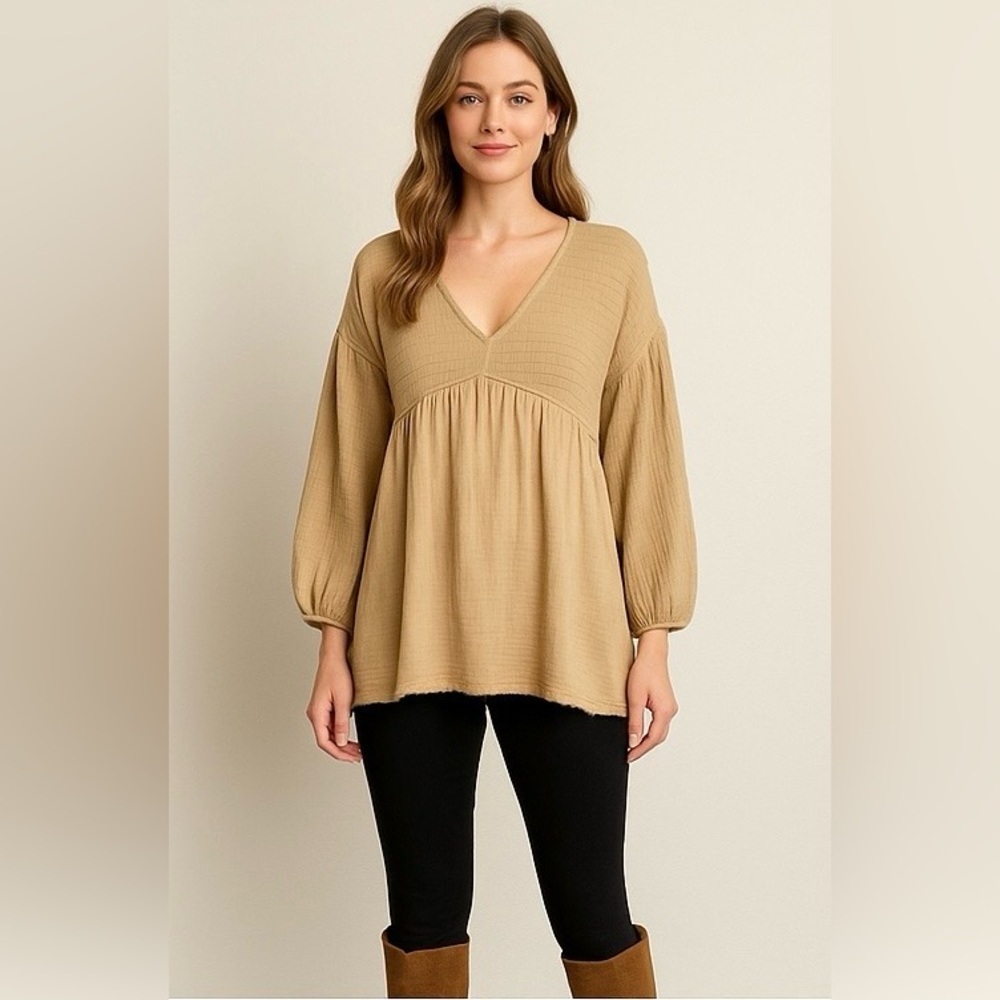 ☀️ AEMI + CO Babydoll Tunic Top Neutral Beige/Khaki Boho Peasant Blouse Size L